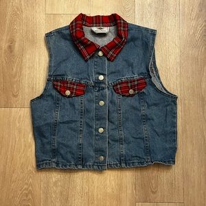 Vintage Denim Vest with Plaid Details